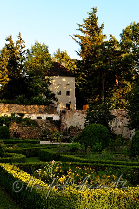 view over the box tree hedge of the tournament garden