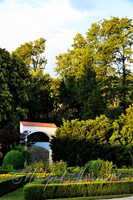 view over the box tree hedge of the tournament garden