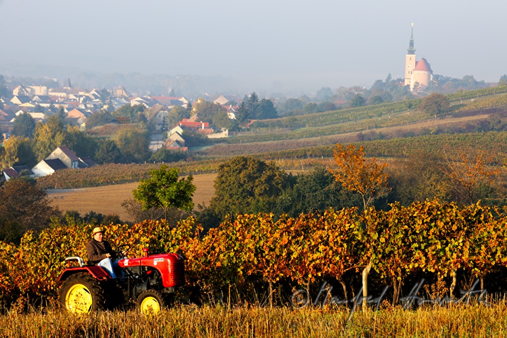 oldtimer-tractor drive through the landscape