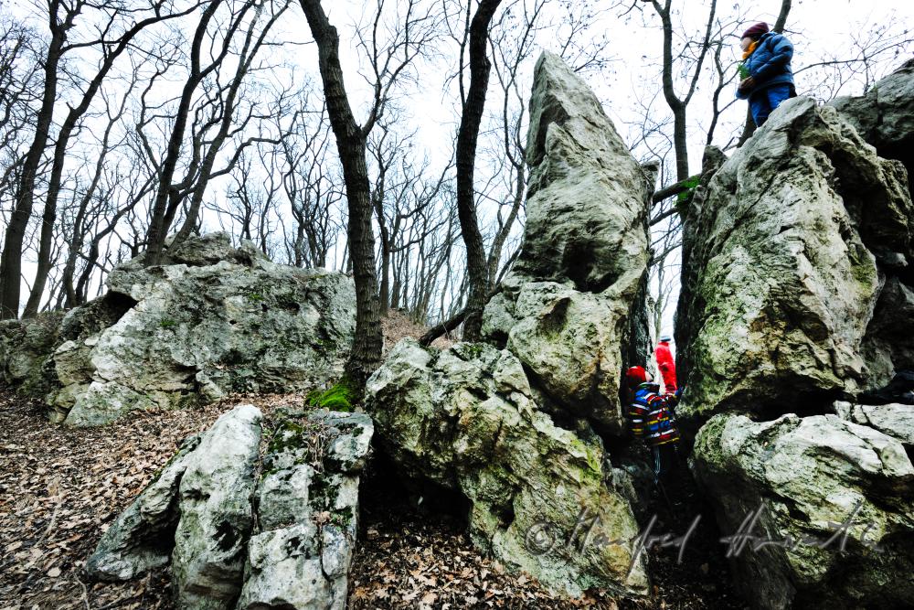 children playing at a rock formation