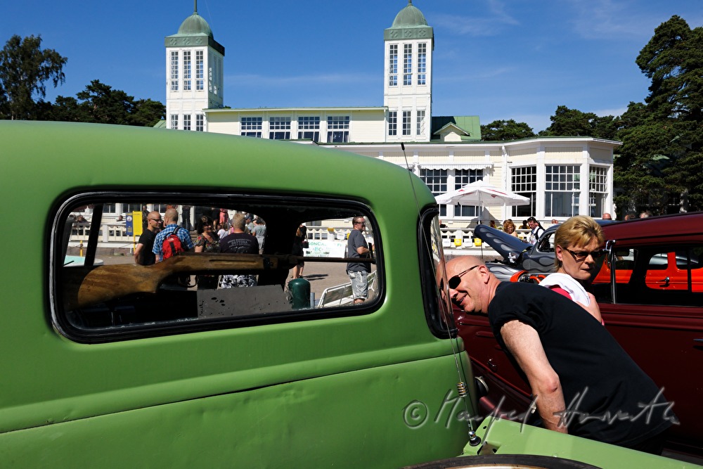 rifle in a Ford Pickup F-1 from the 1950s