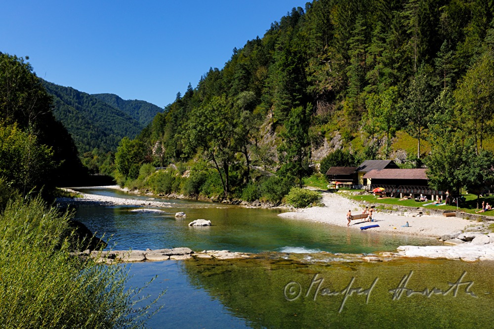 Ybbsstrandbad and river bed of the river Ybbs