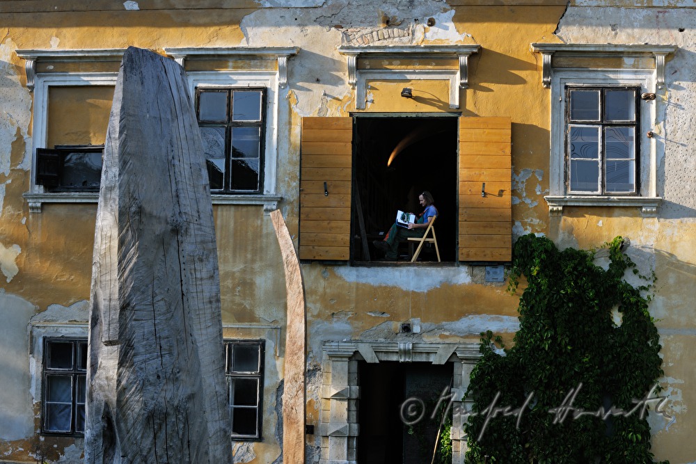 Johann Feilacher and tree-sculptures at the window of his studio