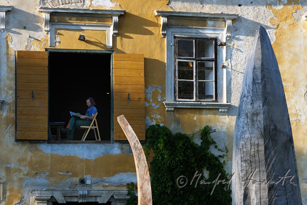 Johann Feilacher and tree-sculptures at the window of his studio