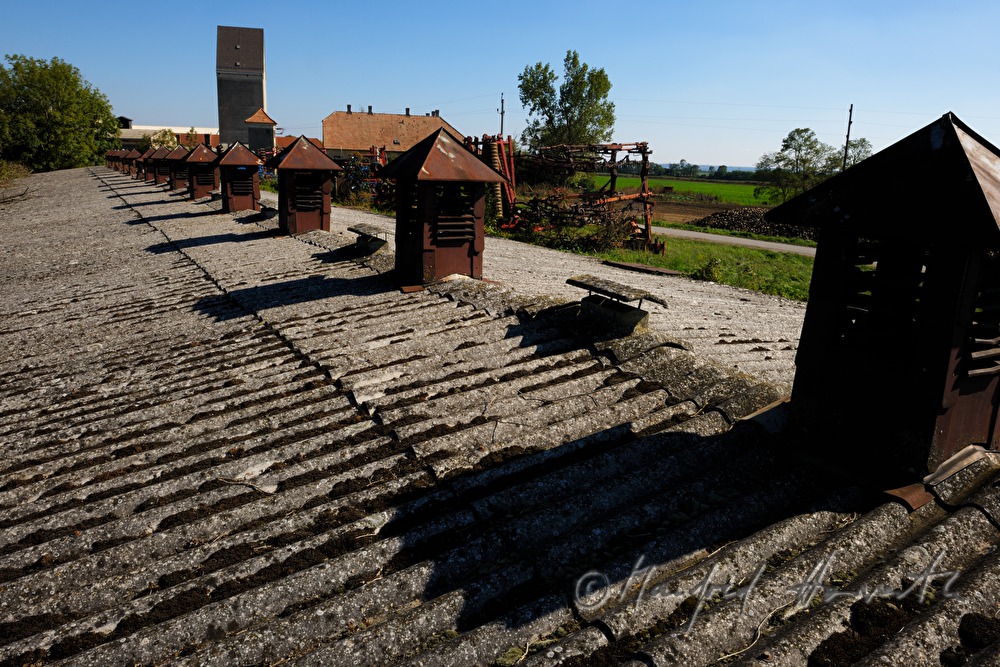 rusty ventilation hoods on the roof of a barn