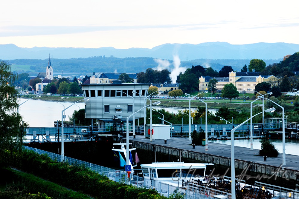 dam of the hydroelectric power plant and view to the city