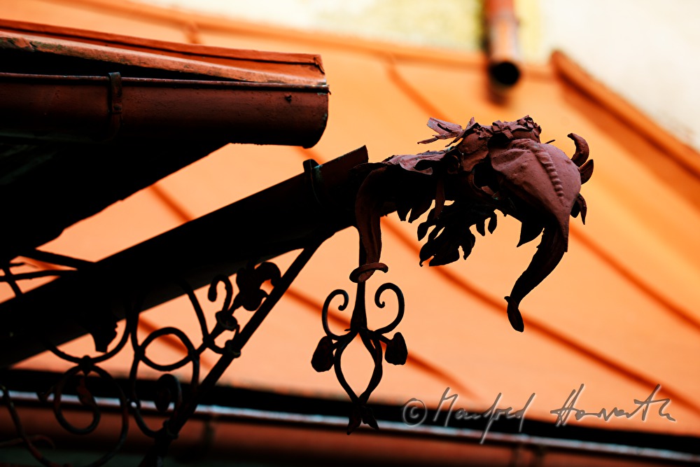 roof gutter with wroughtiron ornament