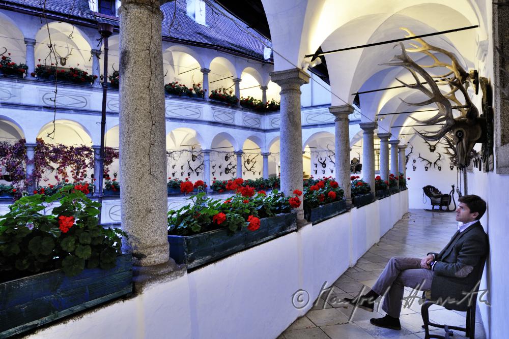 lord of the castle in the arcade court and deer heads