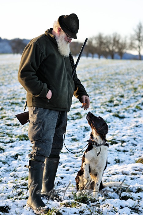 hunter and hunting dog during a battue