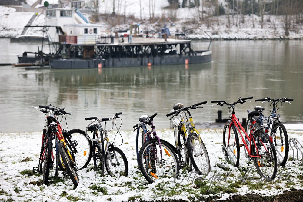 ferryboat on the river Danube and bicycles