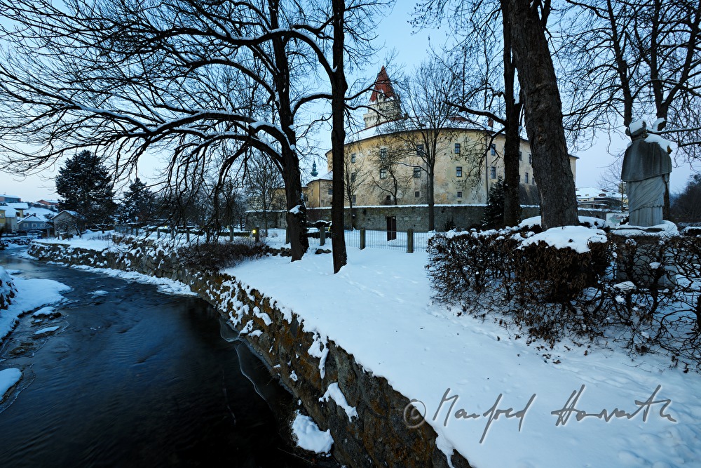 castle Freistadt and statue of Holy Nepumuk