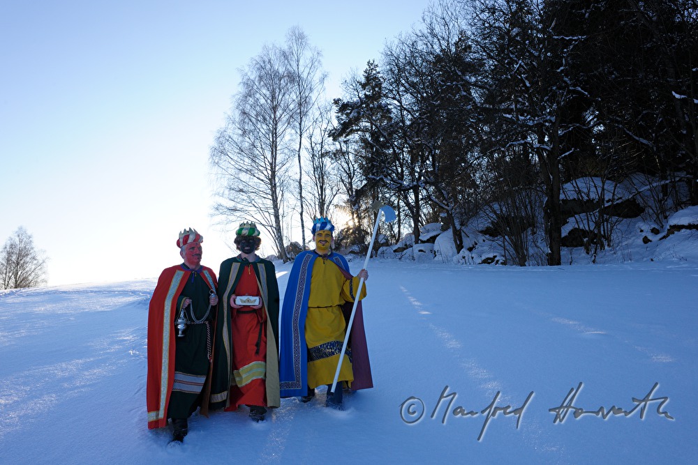 Three Wise Men crossing a forest glade