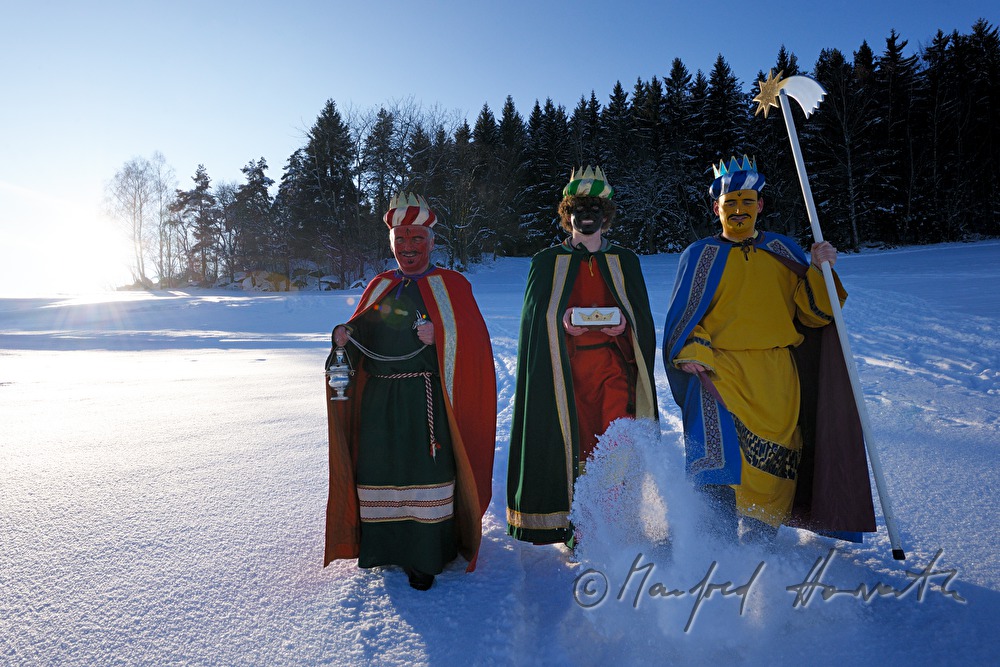 Three Wise Men crossing a forest glade