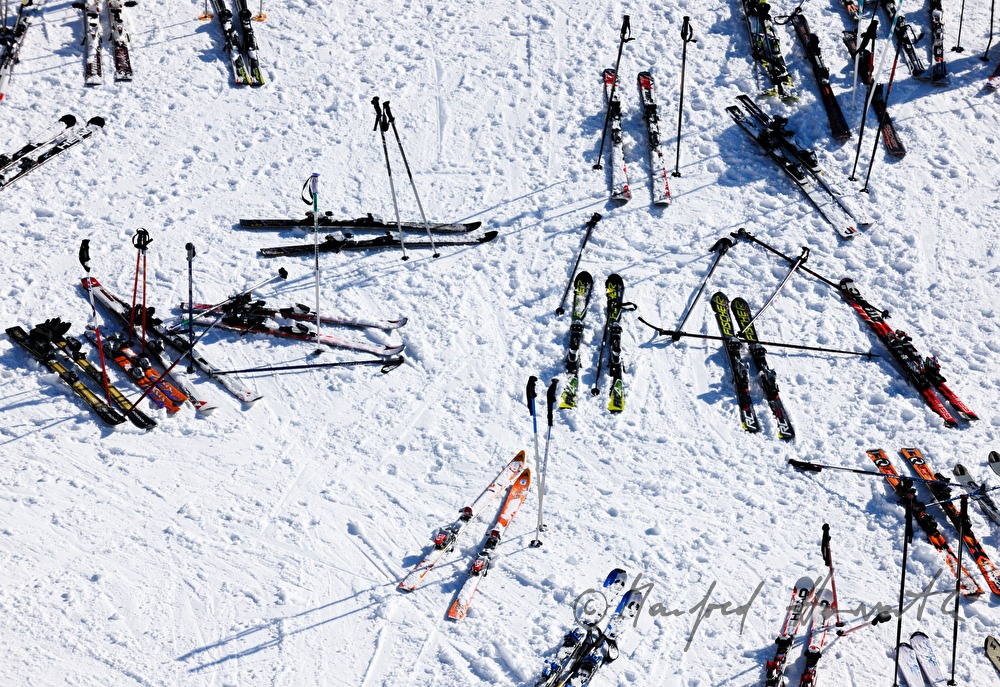 skis in front of the ski hut