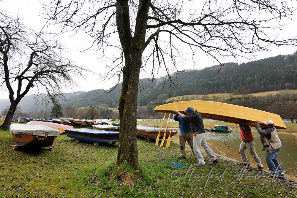 new built barges are beung carried down to the river