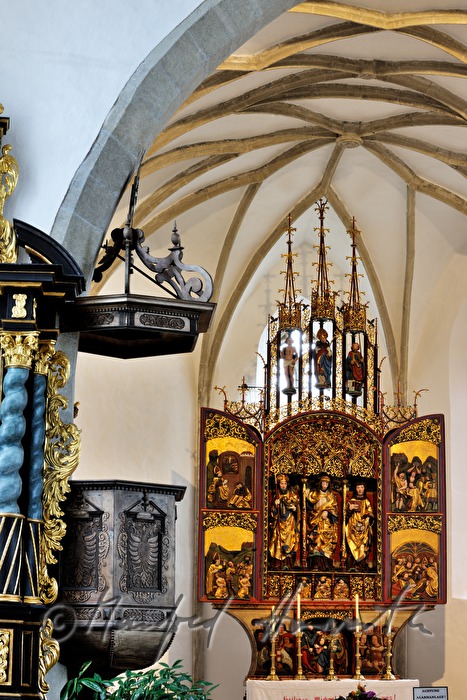 gothic winged altar and ribbed vault in the pilgrimage church