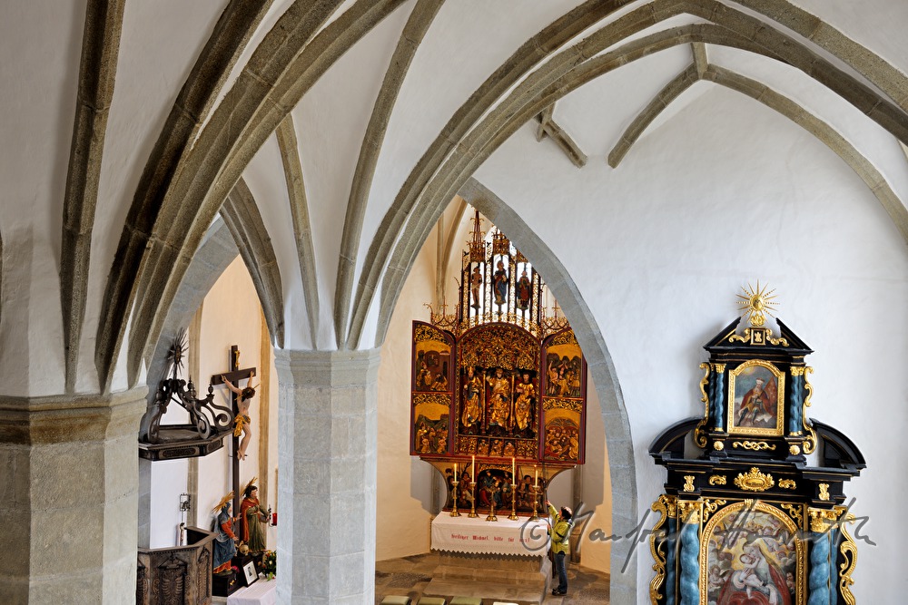 gothic winged altar and ribbed vault in the pilgrimage church