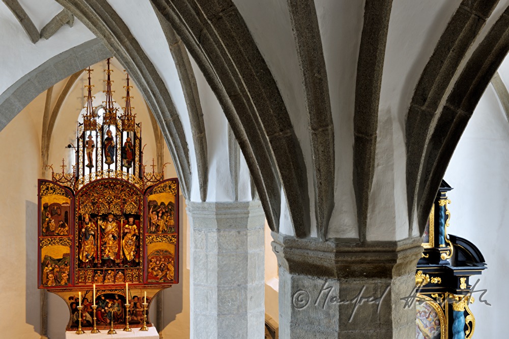 gothic winged altar and ribbed vault in the pilgrimage church
