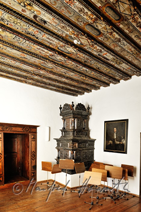 state room wirh a tiled stove and a wooden ceiling