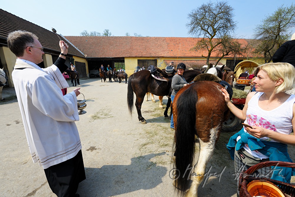 priest blesses horses and riders after the horse pilgrimage