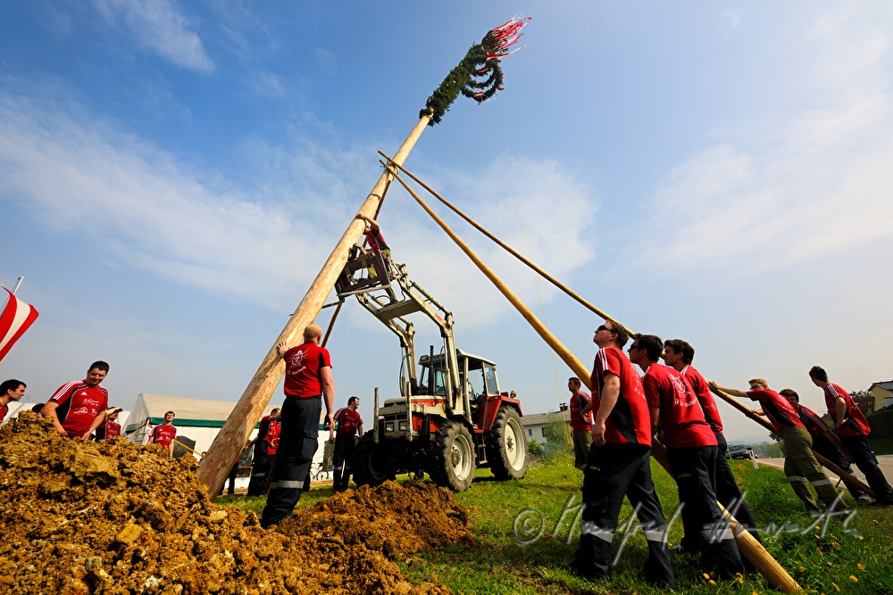 fire brigade erecting a maypole on the 1st of May