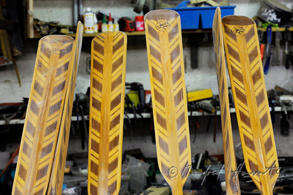 wooden rudder blades with inlay work in the workshop