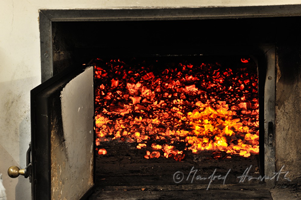 view into the wood fired oven and the glow
