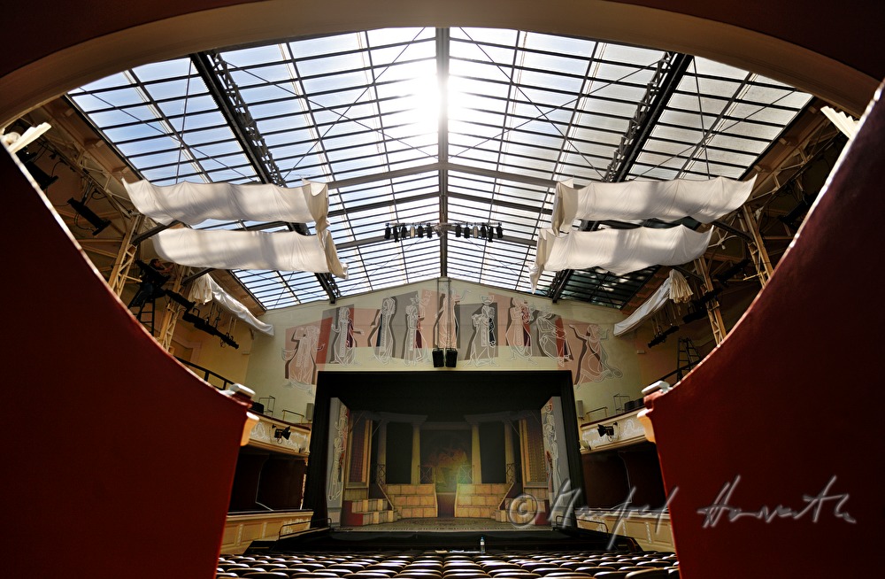audience hall and stage with shut glass roof