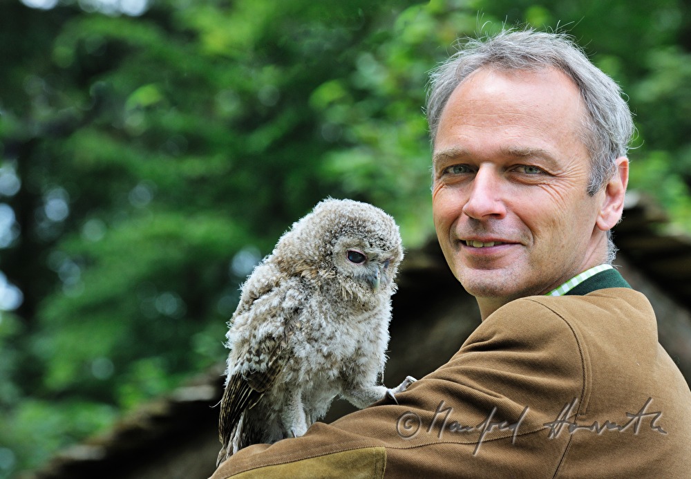 joung barn owl and zoo director in the nature park