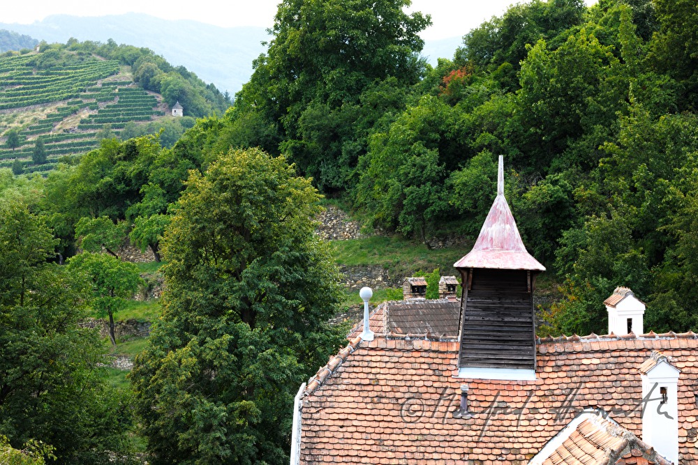 roof of Hotel Mariandl and hills with vineyards