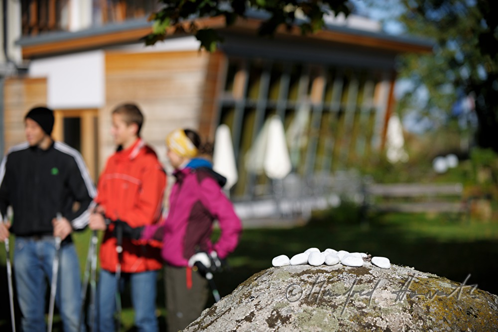 Nordic walkers near a granite boulder in the garden