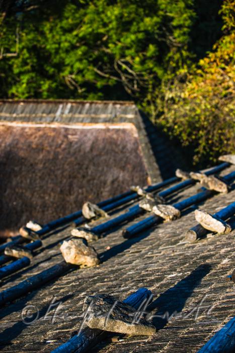 farmhouse with thached roof and stones on the shingle roof
