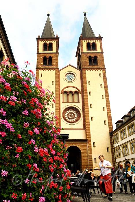 Würzburg Cathedral and waitress of a street cafe