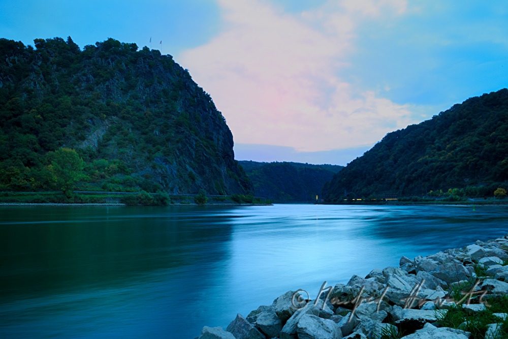 Lorelei Rock and Rhine in the evening dawn