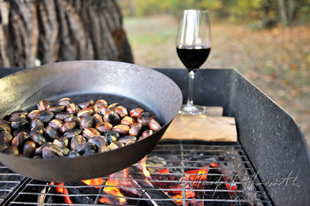 making of baked chestnuts at the chestnut festival