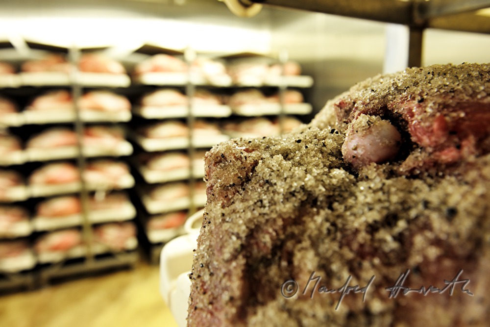 corned legs of pork in the cooling chamber