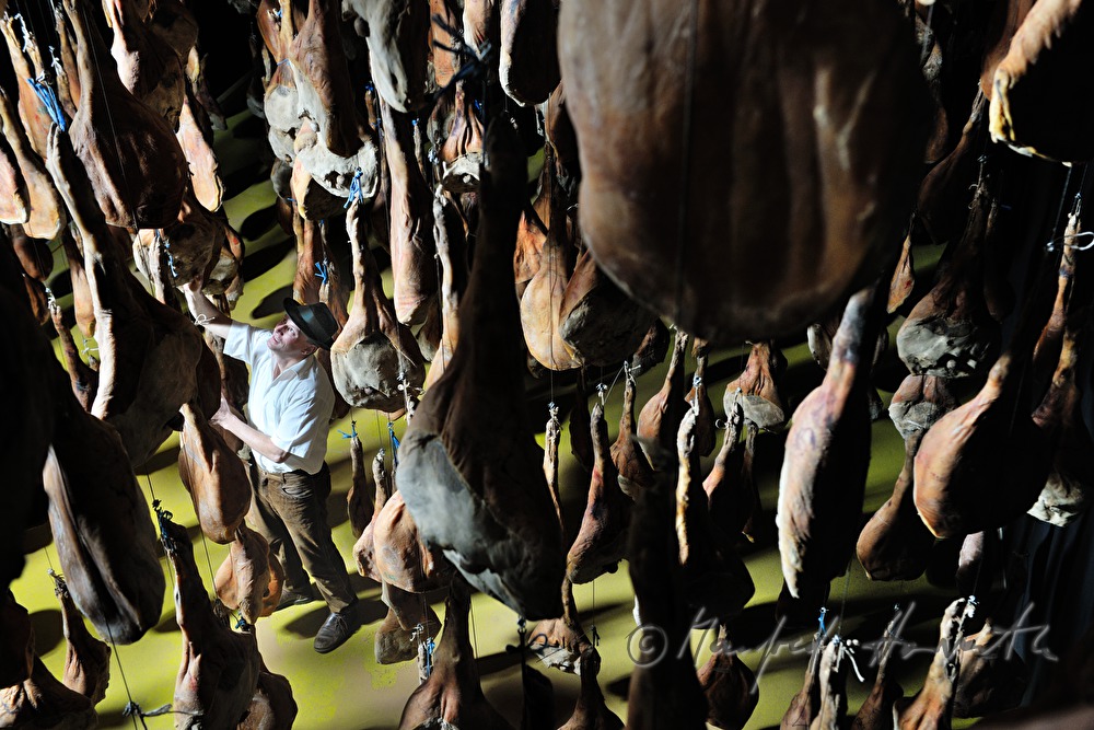 Franz Habel in the ripening room with Vulcano (air dried cured ham)