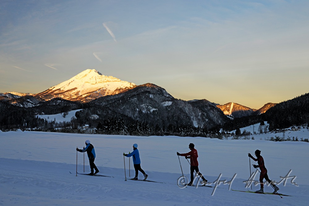 cross-country ski trail with view to the Oetscher