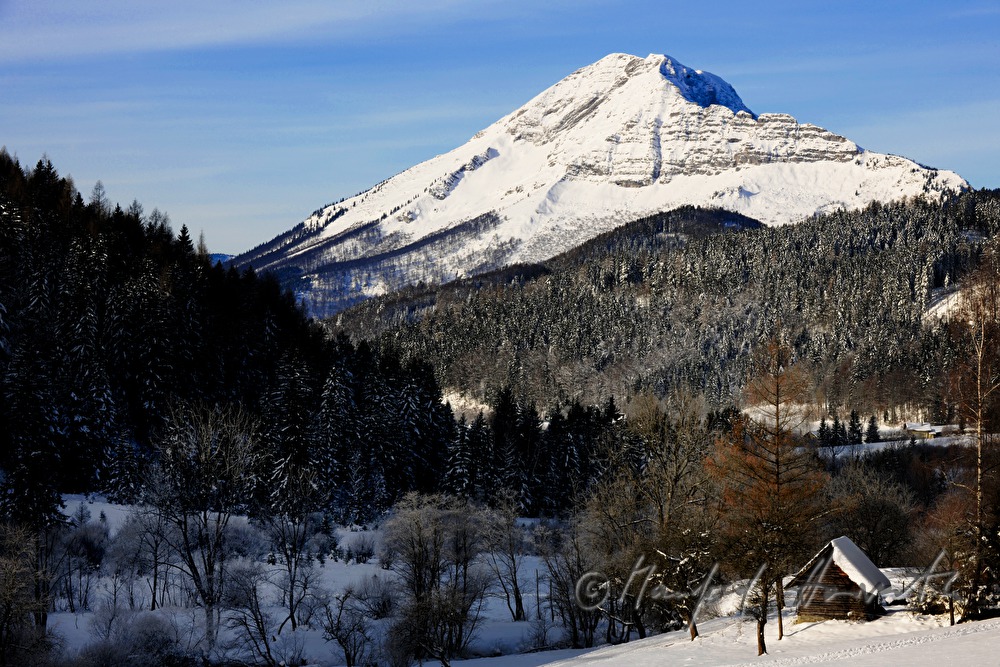 cross-country ski trail with view to the Oetscher