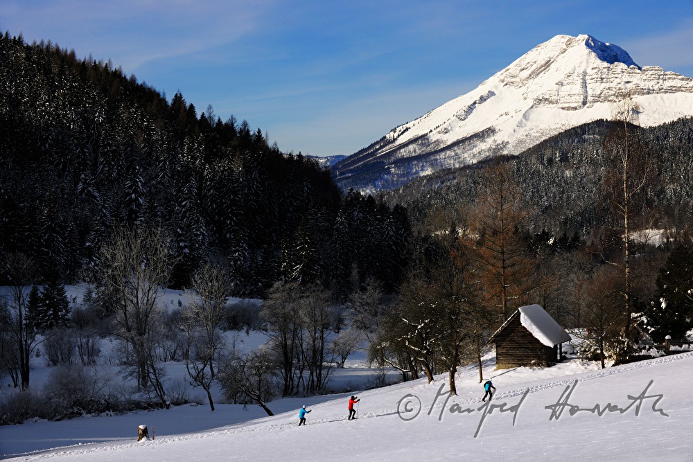 cross-country ski trail with view to the Oetscher