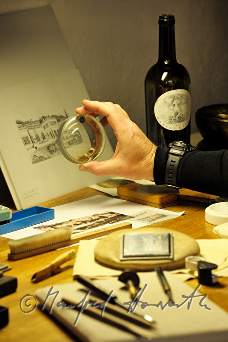 engraving of a steel plate for the printing of a wine label