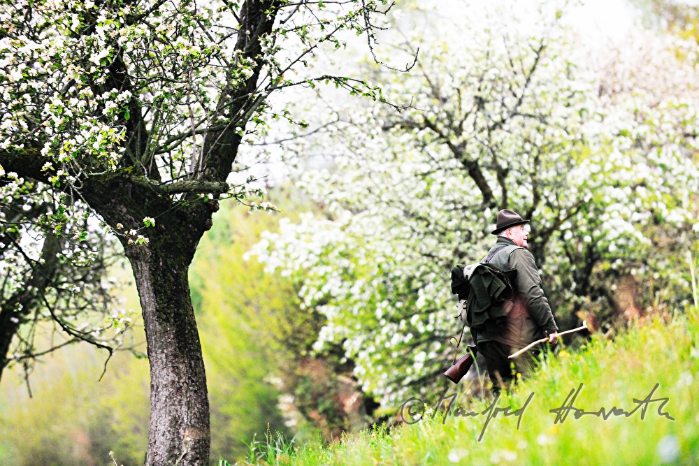 gamekeeper in the morning walking to the deer stand
