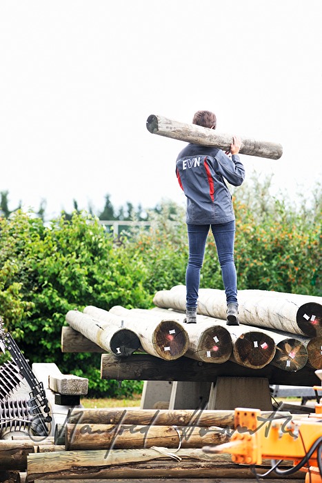 woman electrician carrying a power pole