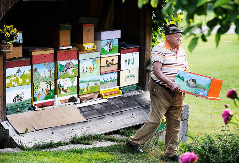 colourful painted beehives and beekeeper