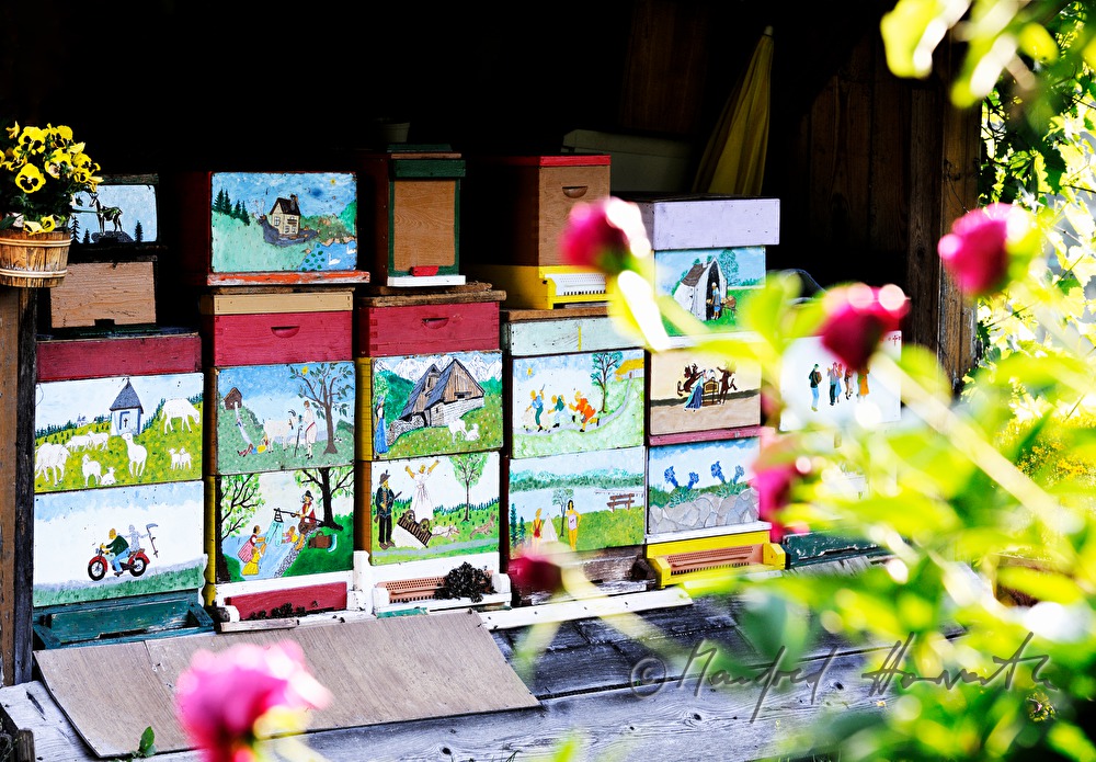colourful painted beehives in slovenian style
