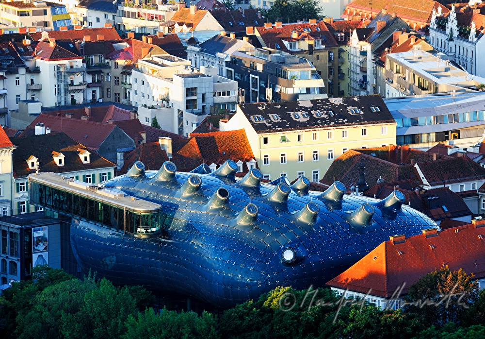view from Schlossberg to Kunsthaus Graz