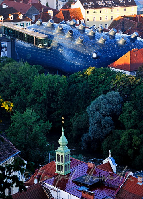 view from Schlossberg to Kunsthaus Graz
