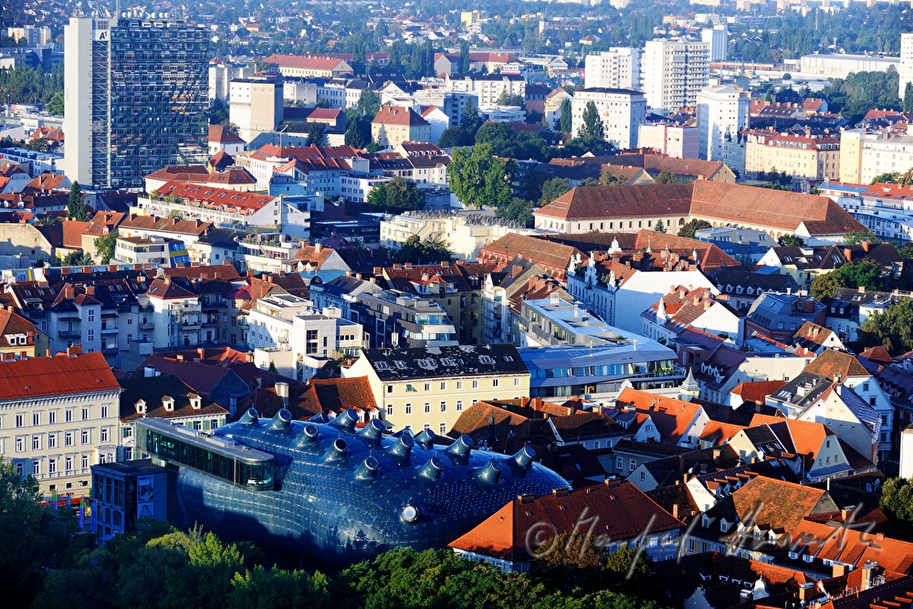 view from Schlossberg to Kunsthaus Graz