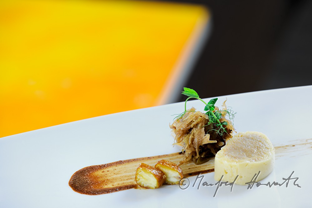 chestnut roulade with caramel cabbage