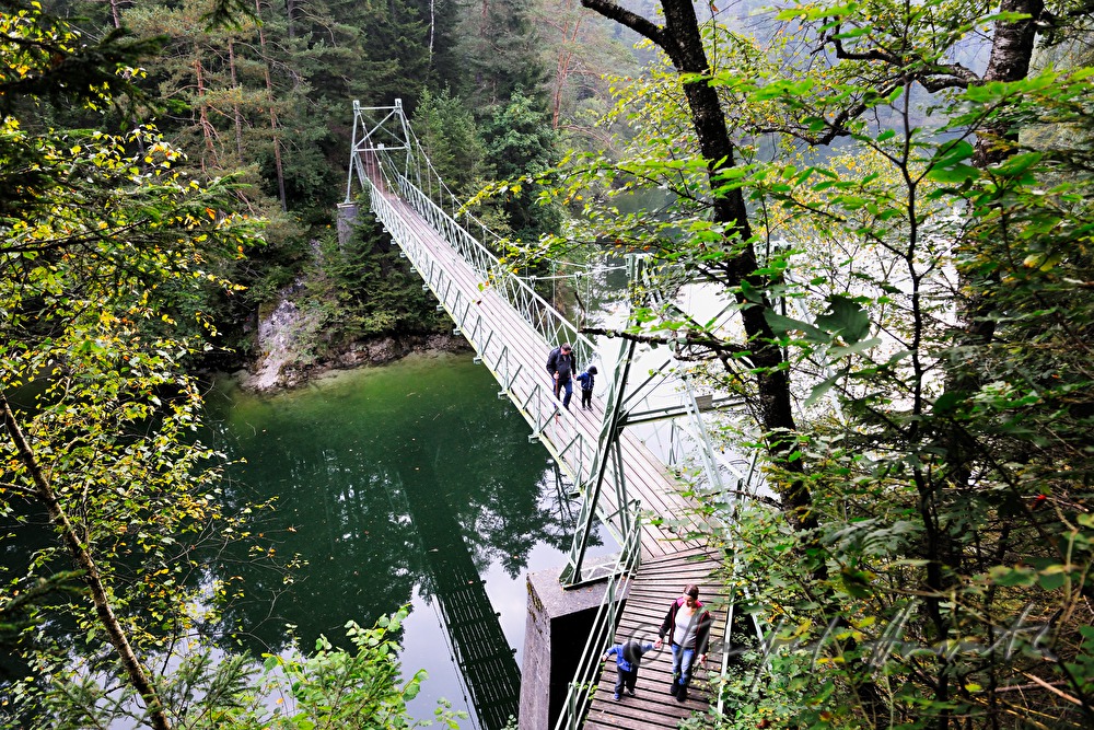 hikers on a swing bridge cross the lake Erlaufstausee